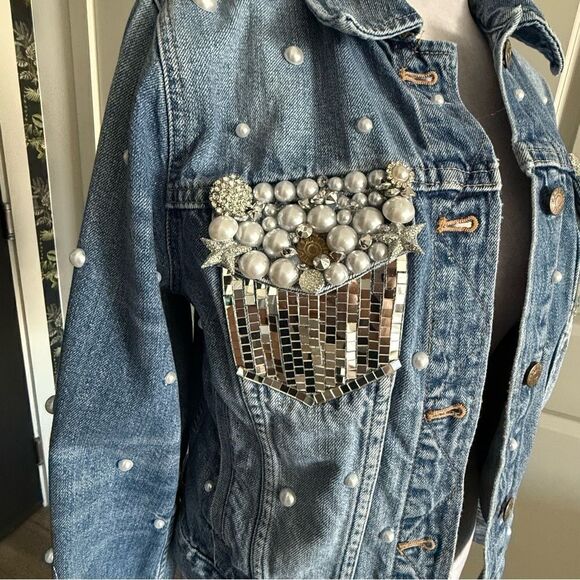 Madewell Custom Rhinestone Cowgirl Bachelorette Disco Fringe Jean Jacket Size M - Picture 3 of 10